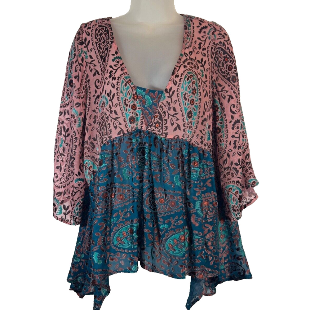 Floreat Anthropologie Velvet Burnout Top Women M Sheer Paisley Boho Silk Bl A14